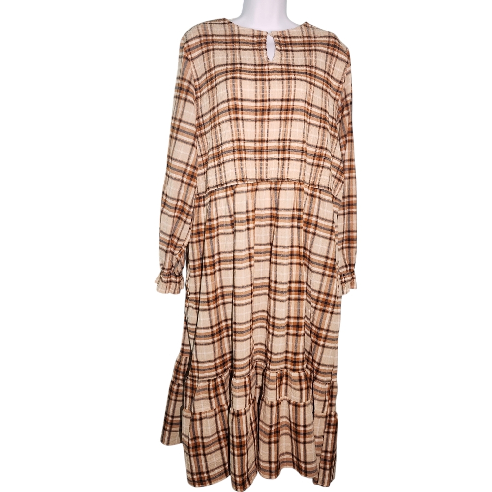 Terra & Sky brown and cream plaid prairie‎ maxi dress tiered ruffles Size 2x